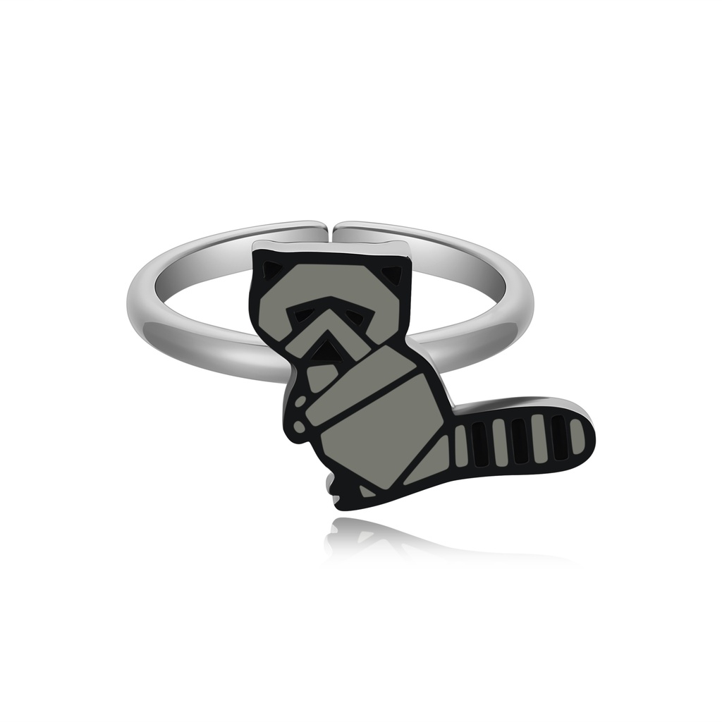 Adjustable Stainless Steel Ring Featuring Cute Geometric Raccoon Design