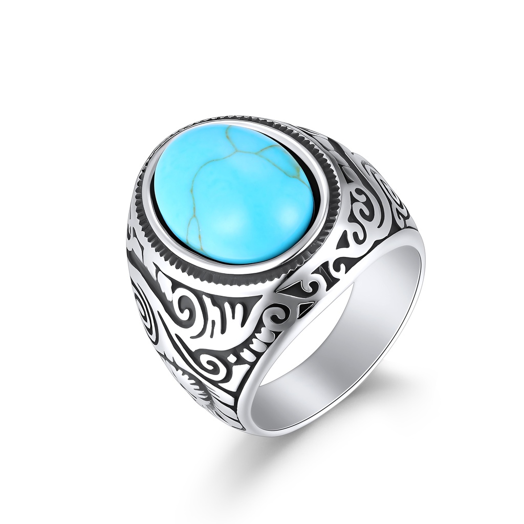Vintage Stainless Steel Turquoise Stone Ring with Tribal Engravings