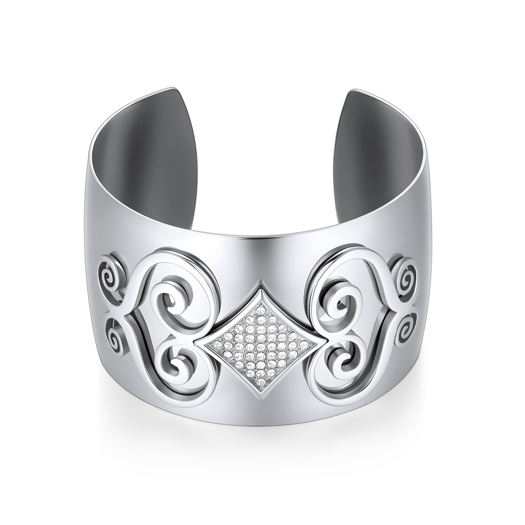 Vintage Swirl Stainless Steel Cuff – Bold, Glamorous, Crystal Statement Piece