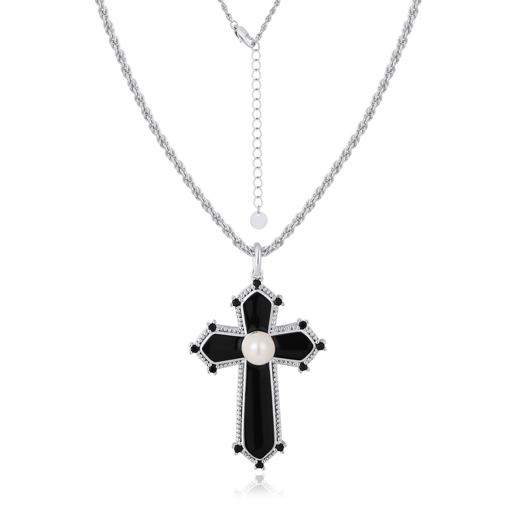 Vintage gothic cross necklace with black enamel and pearl detail.