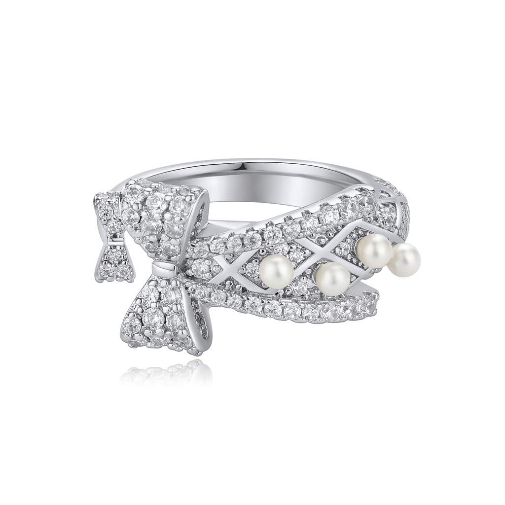Vintage-Inspired Bow Ring with Pearls and Crystal Embellishments