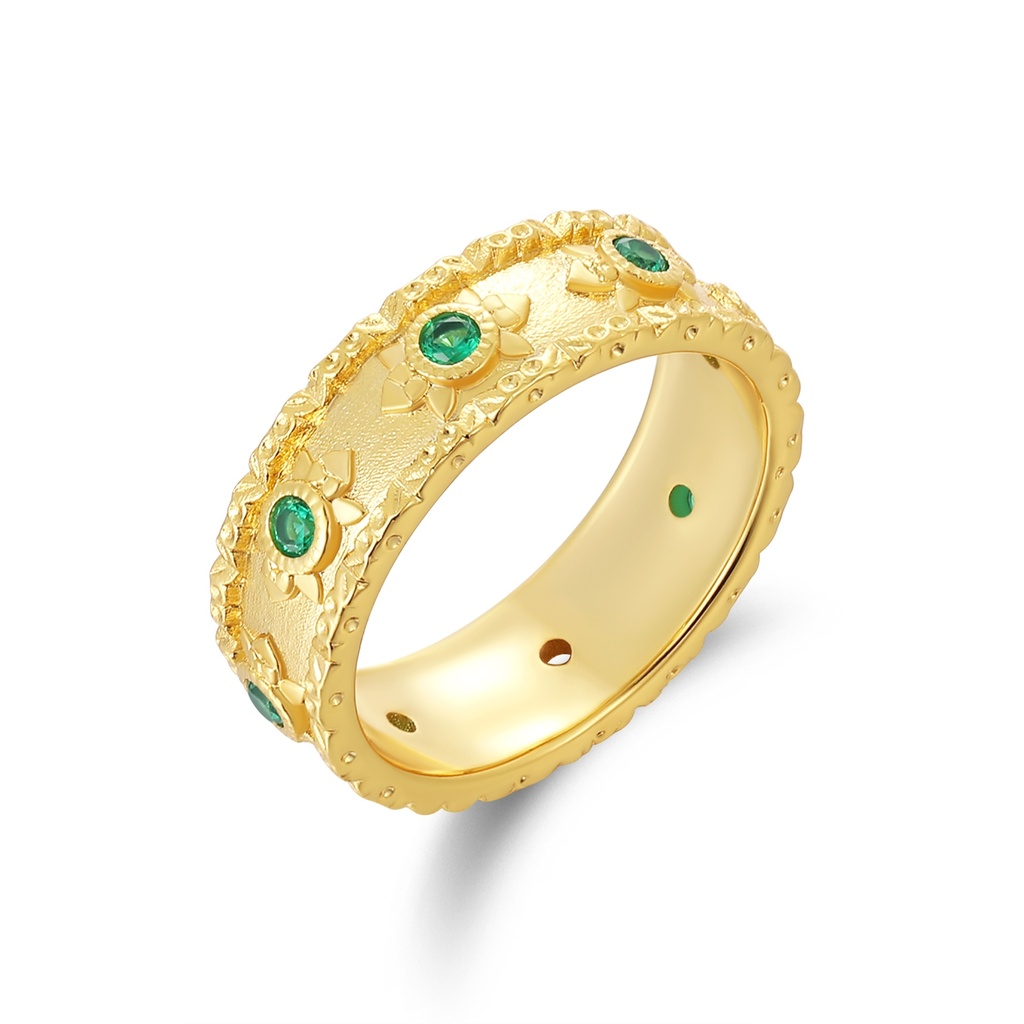 Vintage-Inspired Floral Brass Ring with Green Gem Accents