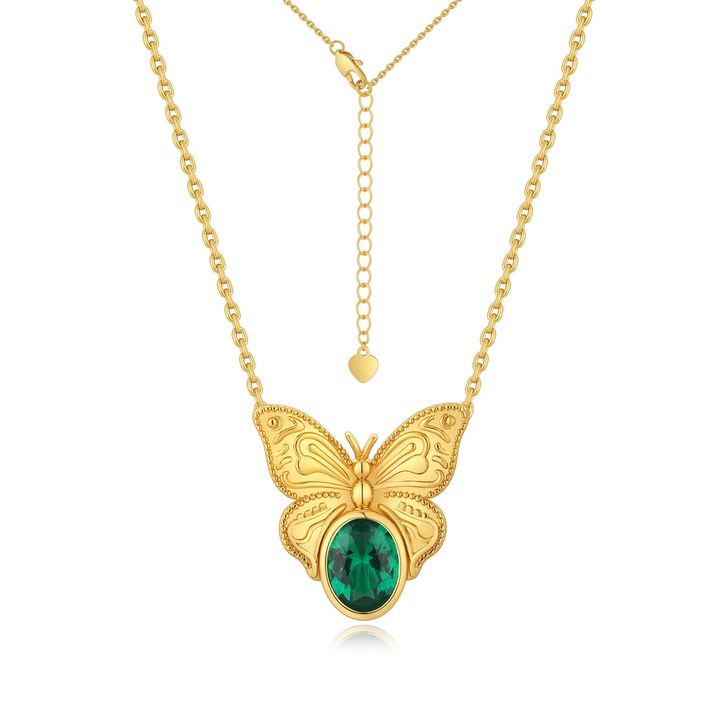 Vintage-Inspired Gold Butterfly Necklace with Emerald Green Gemstone Center