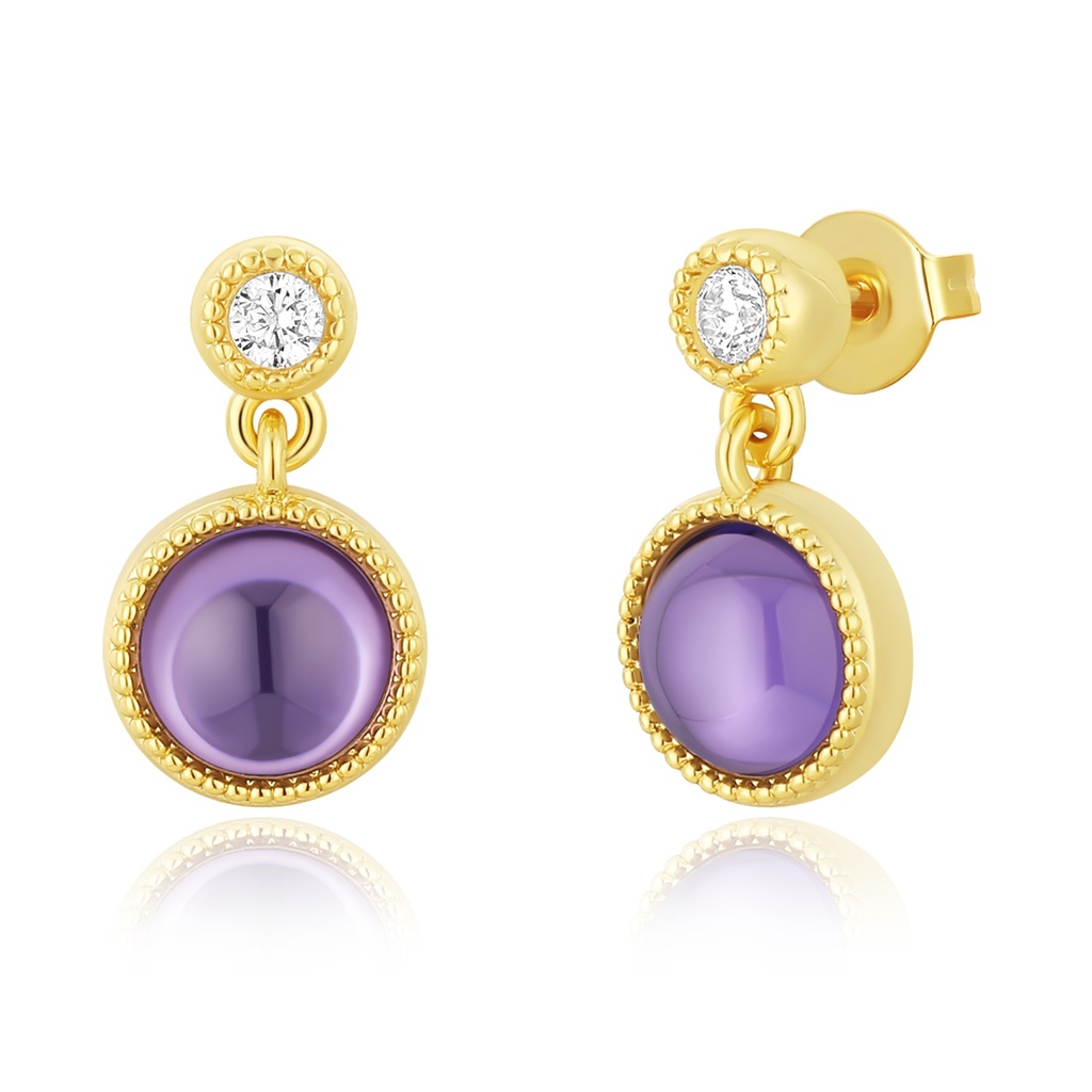 Vintage-Inspired Gold Earrings with Purple Glass and CZ Top