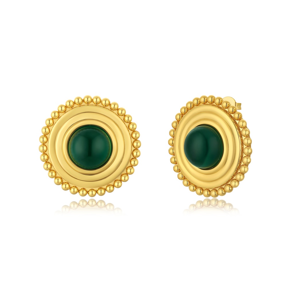 Vintage-Inspired Gold Studs with Deep Green Cabochon
