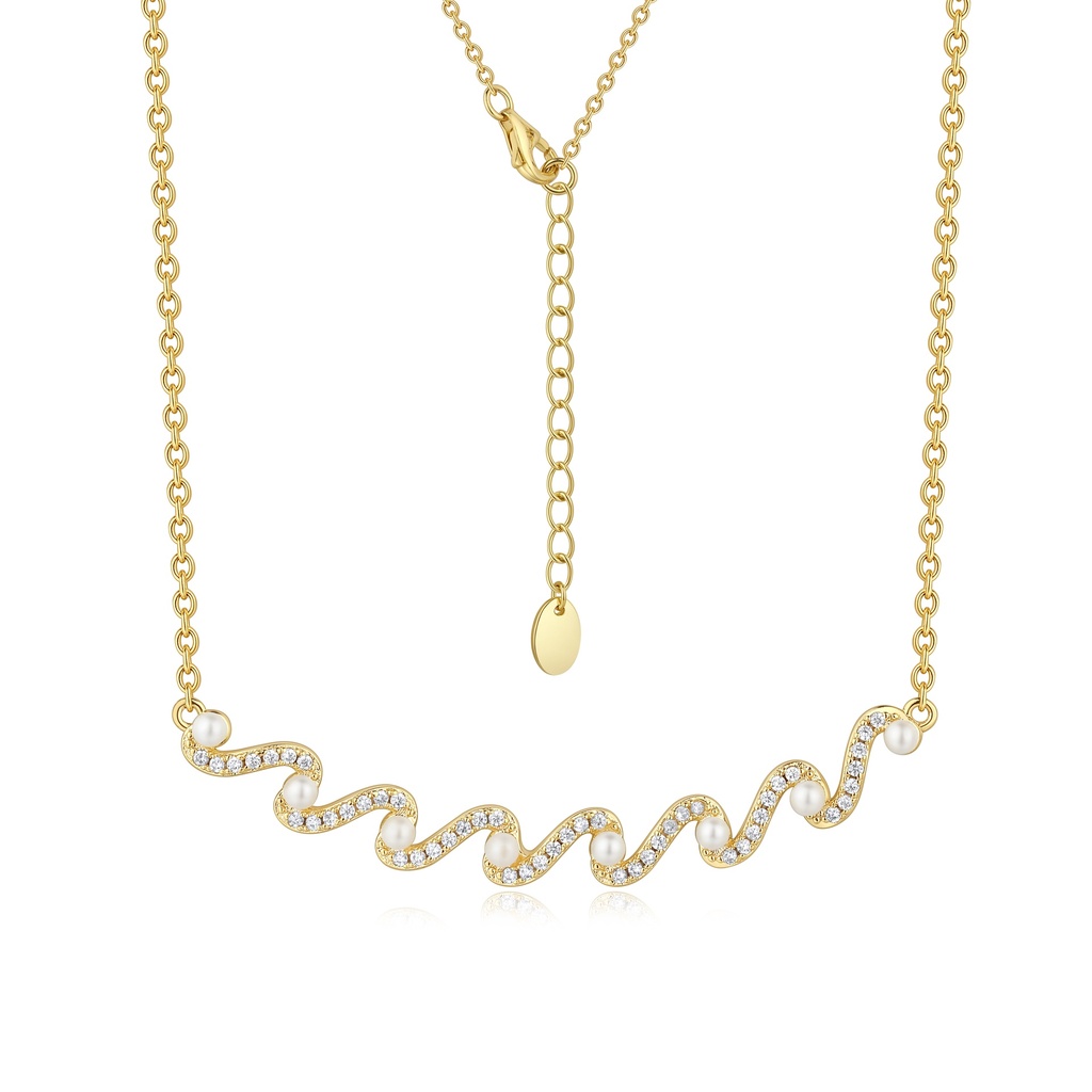 Wave-Inspired Gold Necklace with Pearls and Crystal Accents