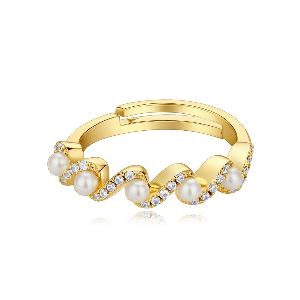 Wave-Inspired Pearl Ring with Sparkling White Zircons