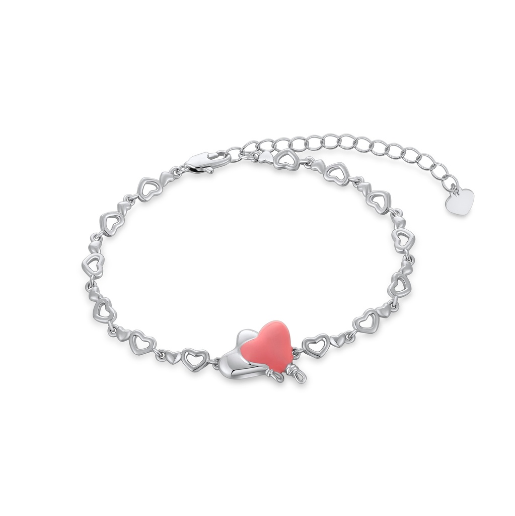 Charming Silver Bracelet with Pink Enamel Heart and Heart Links
