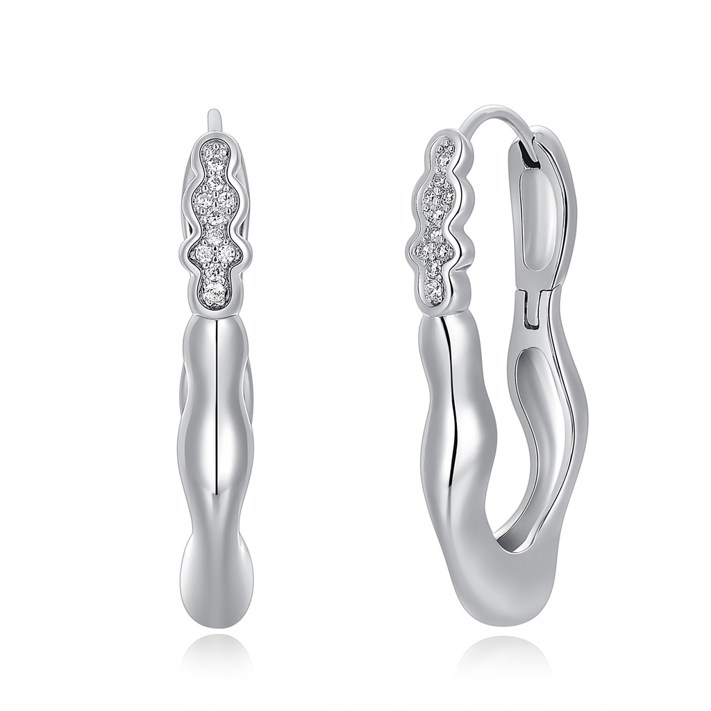 Wavy Silver Hoop Earrings with Sparkling Crystal Accent