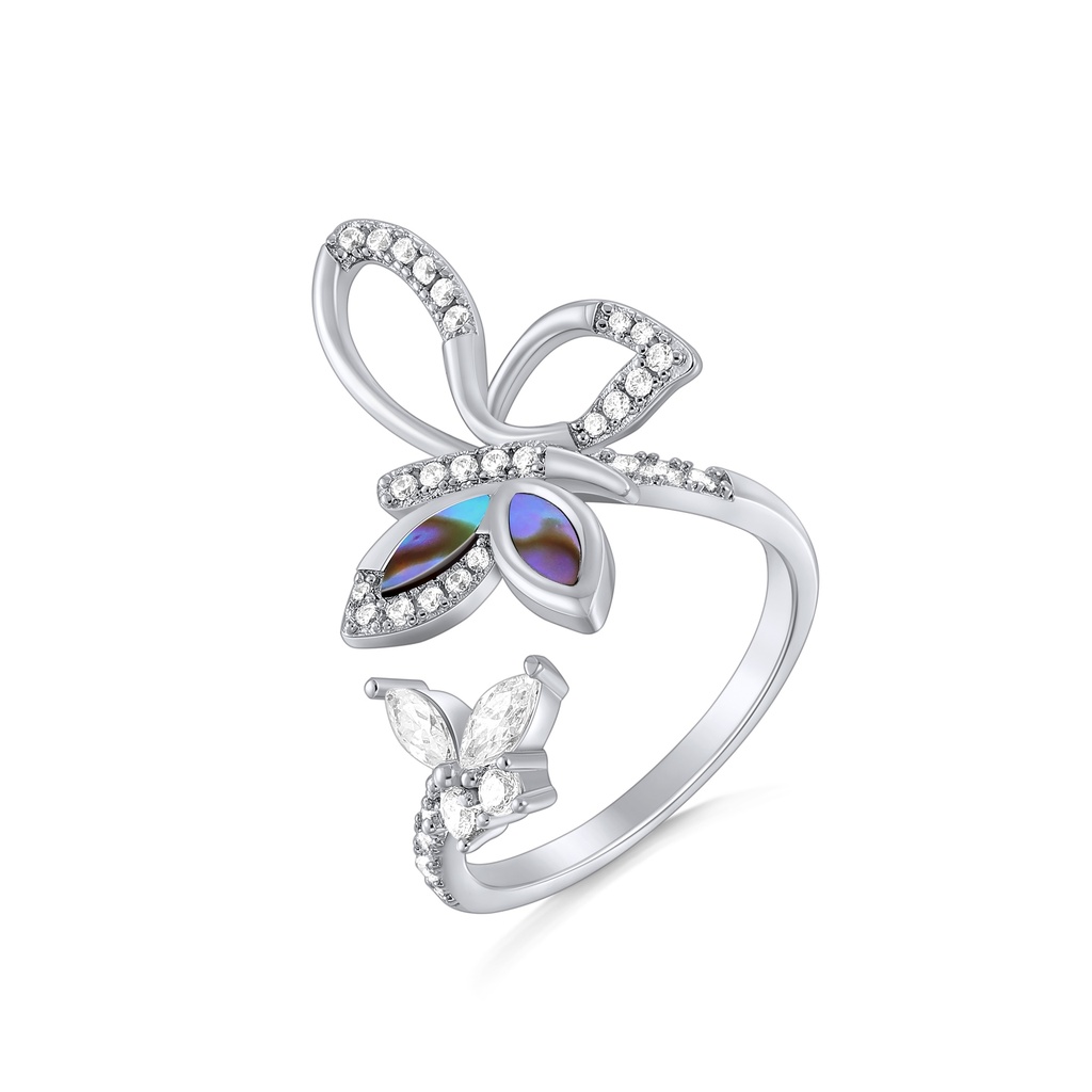 Whimsical Butterfly-Inspired Open Ring with Crystal and Shell Accents