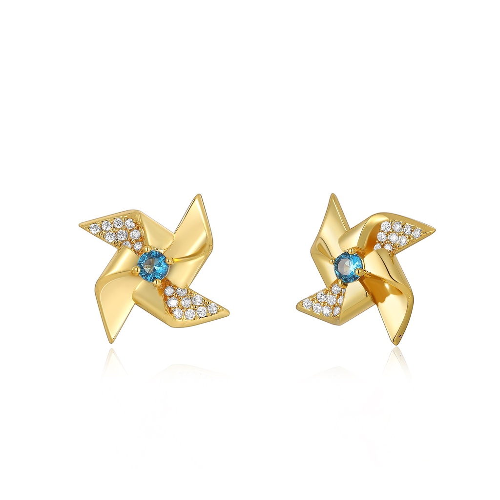 Whimsical Gold Pinwheel Stud Earrings with Blue Accent