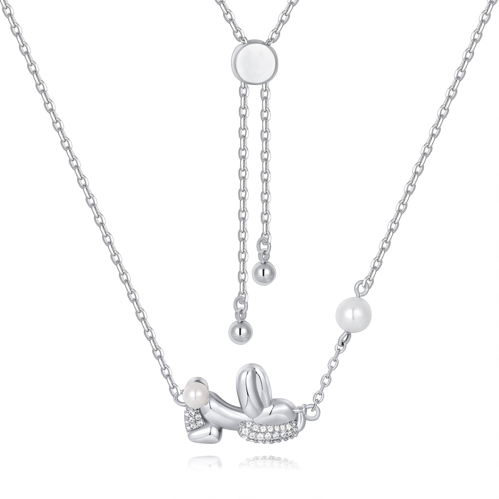 Whimsical Silver Balloon Dog Necklace with Pearls and Sparkling Crystals