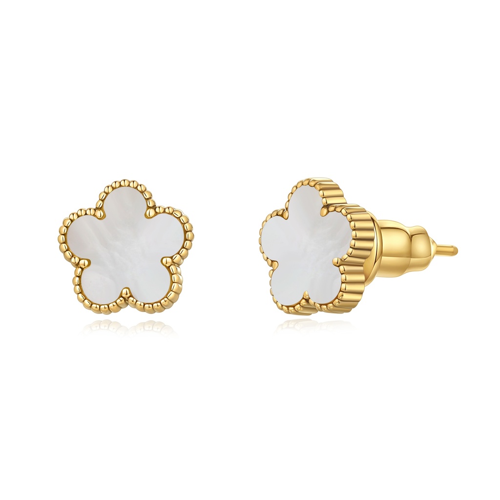 White Clover Stud Earrings Stainless Steel with Gold Beaded Border