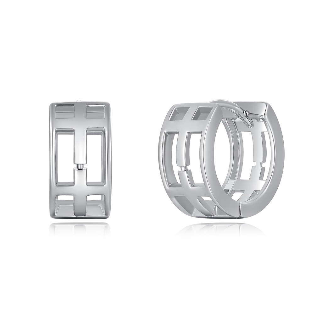 Wide Geometric Silver Hoop Earrings with Cutout Design