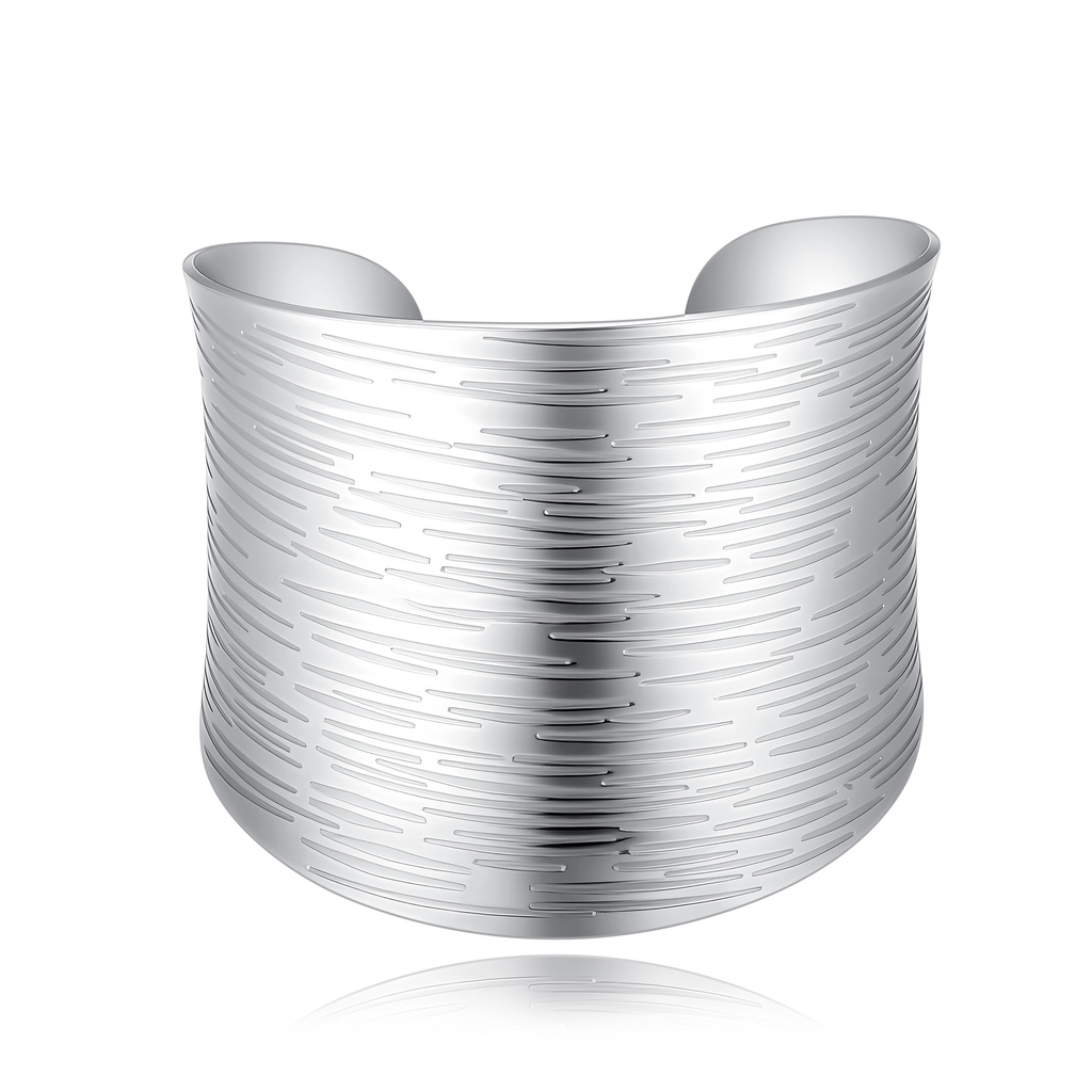 Wide Polished Silver Cuff Bracelet in Textured Stainless Steel