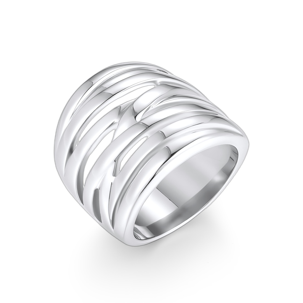 Wide Polished Stainless Steel Ring with Modern Wave Cutout Design