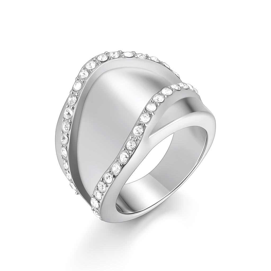 Wide Stainless Steel Ring with Curved Pavé Crystal Accents