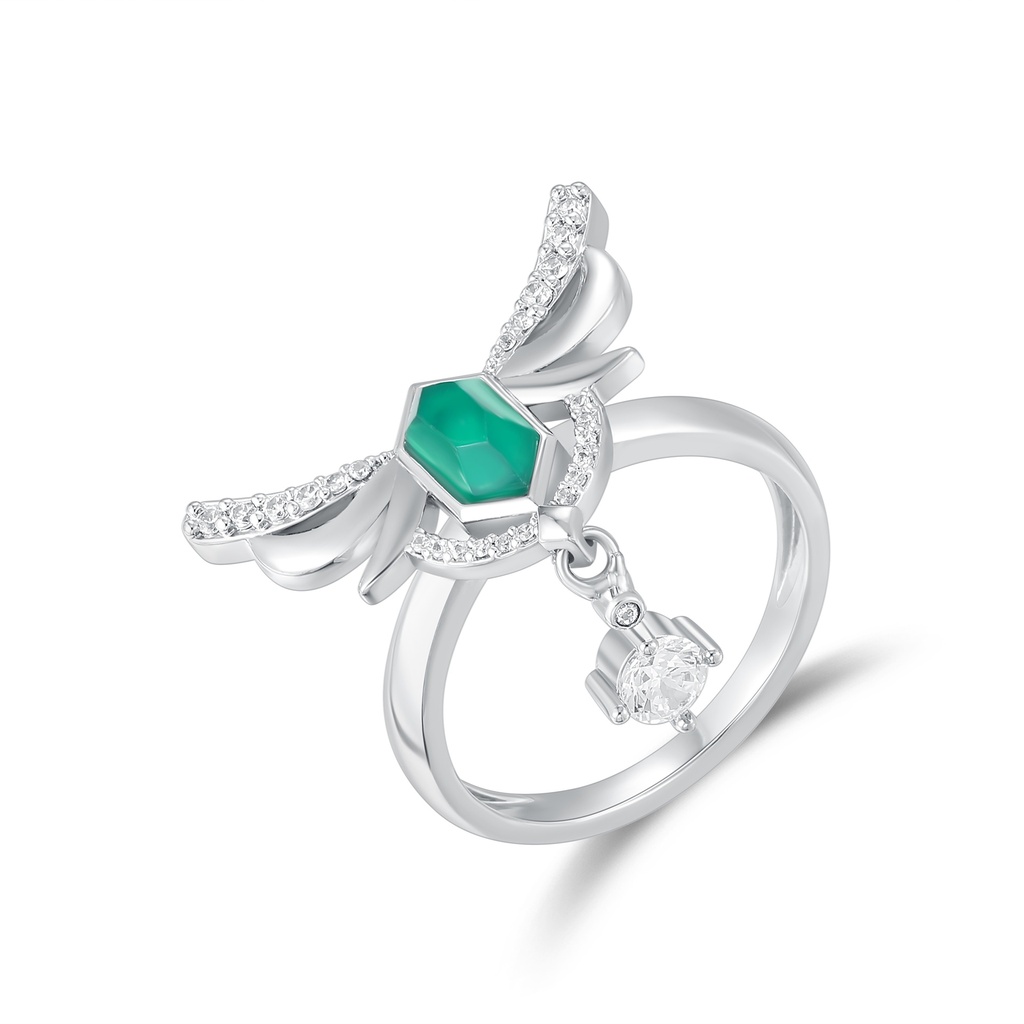 Winged Hexagon Green Stone Stainless Steel Ring with Dangle Charm