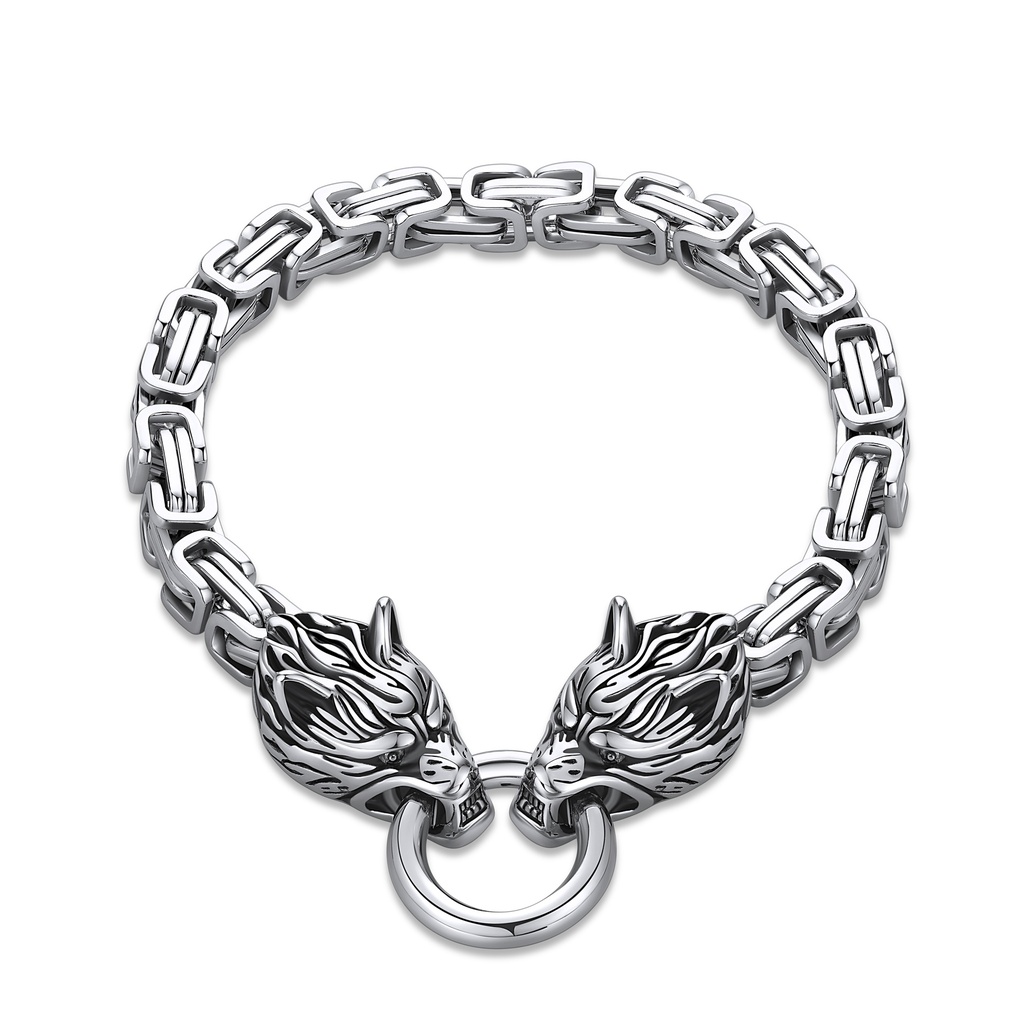Wolf Head Stainless Steel Chain Bracelet with Ring Clasp
