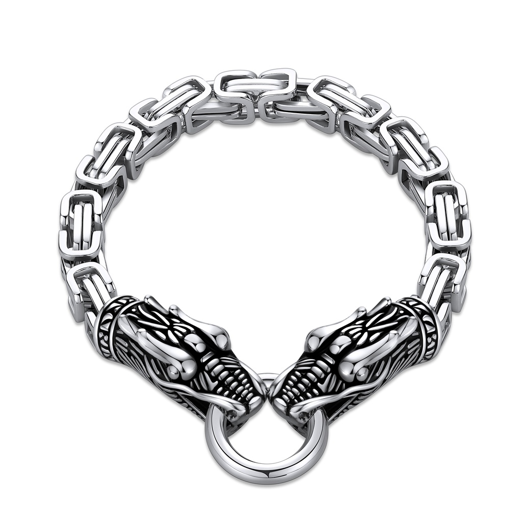 Wolf Head Stainless Steel Chain Bracelet with Ring Clasp Detail