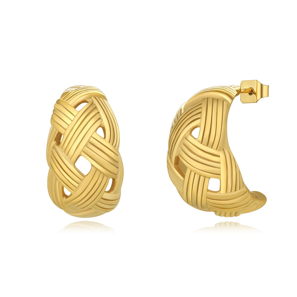 Woven Basket-Style Gold Stainless Steel Hoop Earrings
