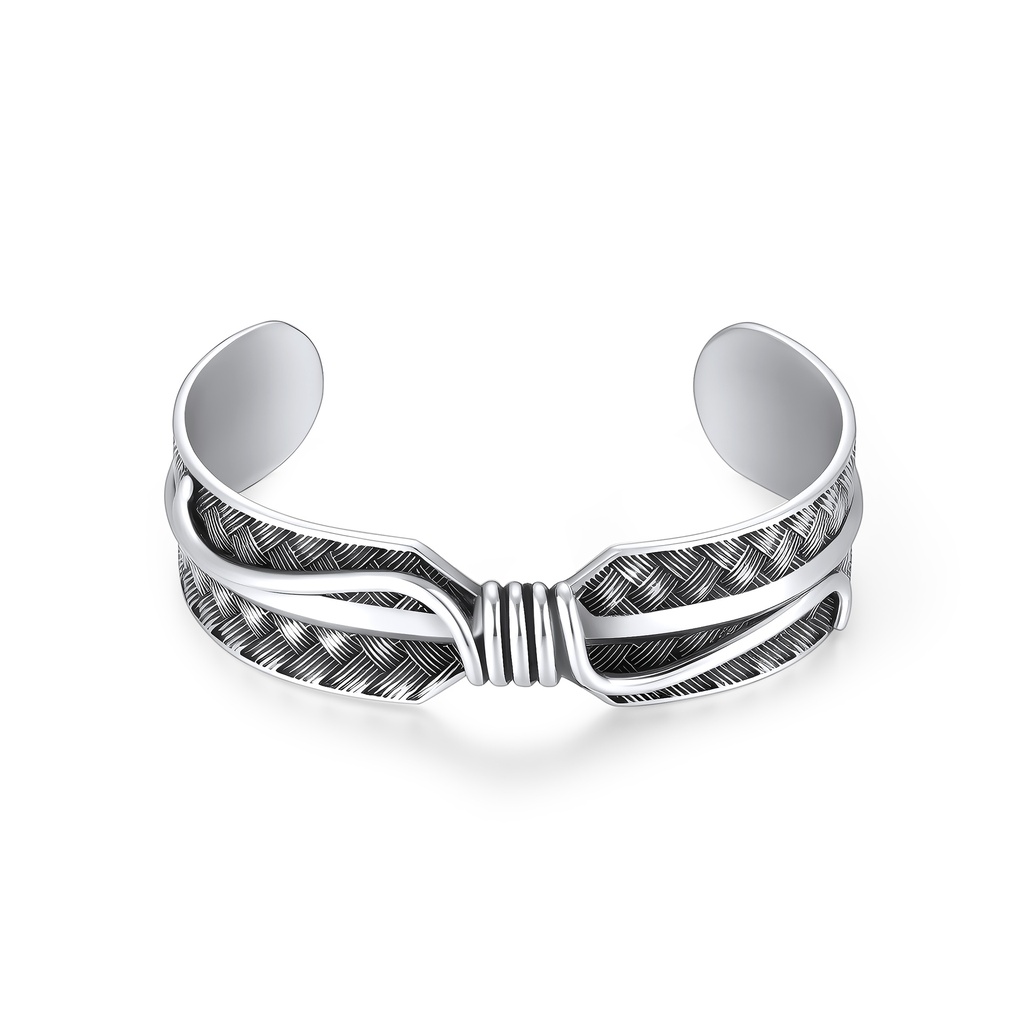 Woven Texture Stainless Steel Cuff Bracelet with Wire Detail Center