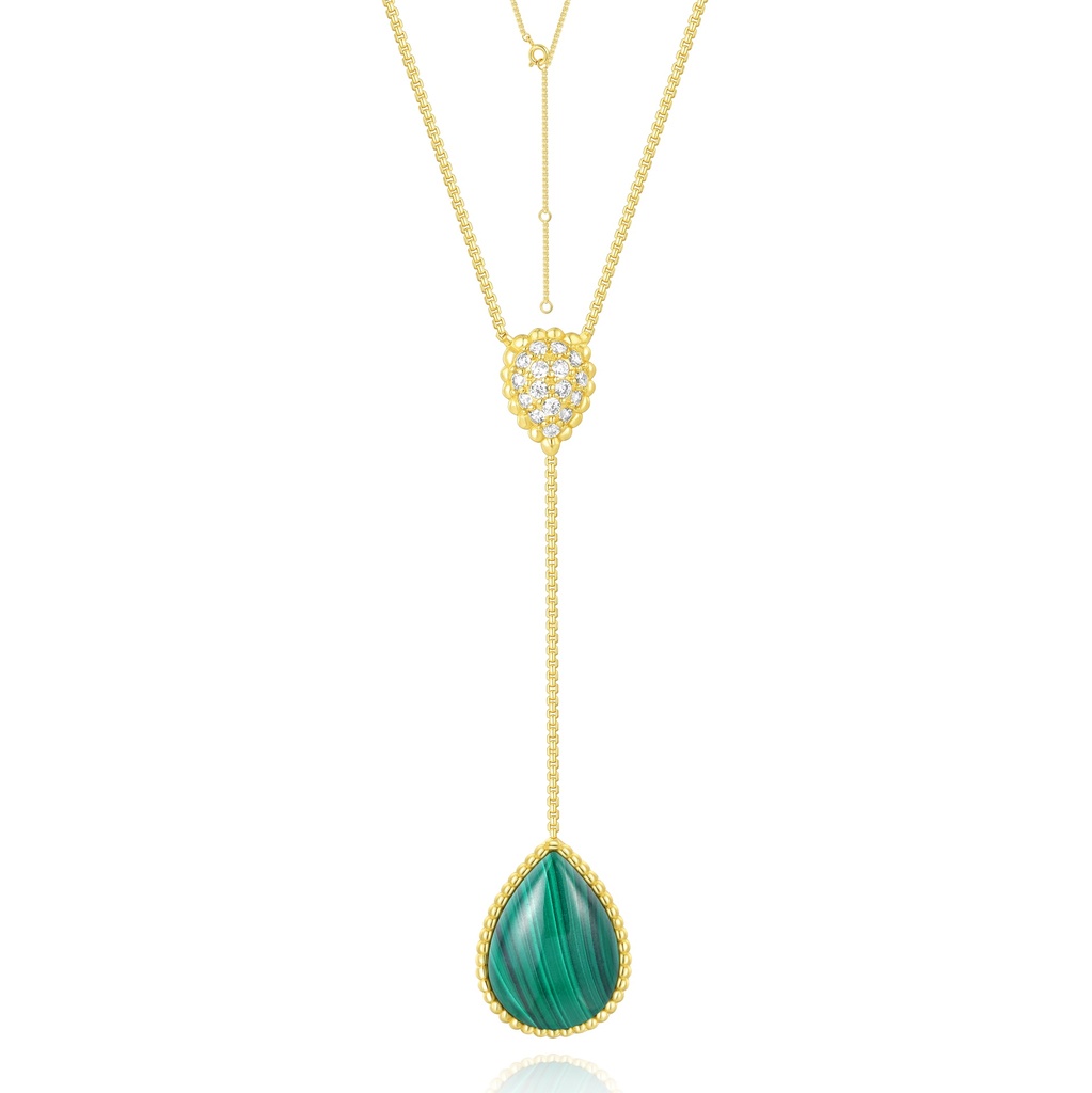 Y-shaped necklace with green malachite teardrop and crystal heart