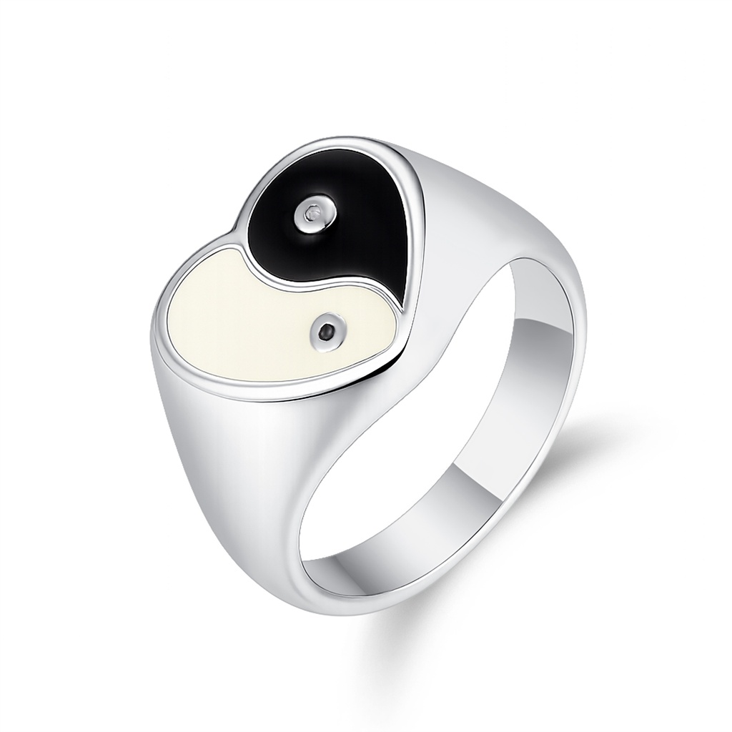 Yin Yang Stainless Steel Ring with Black and White Enamel