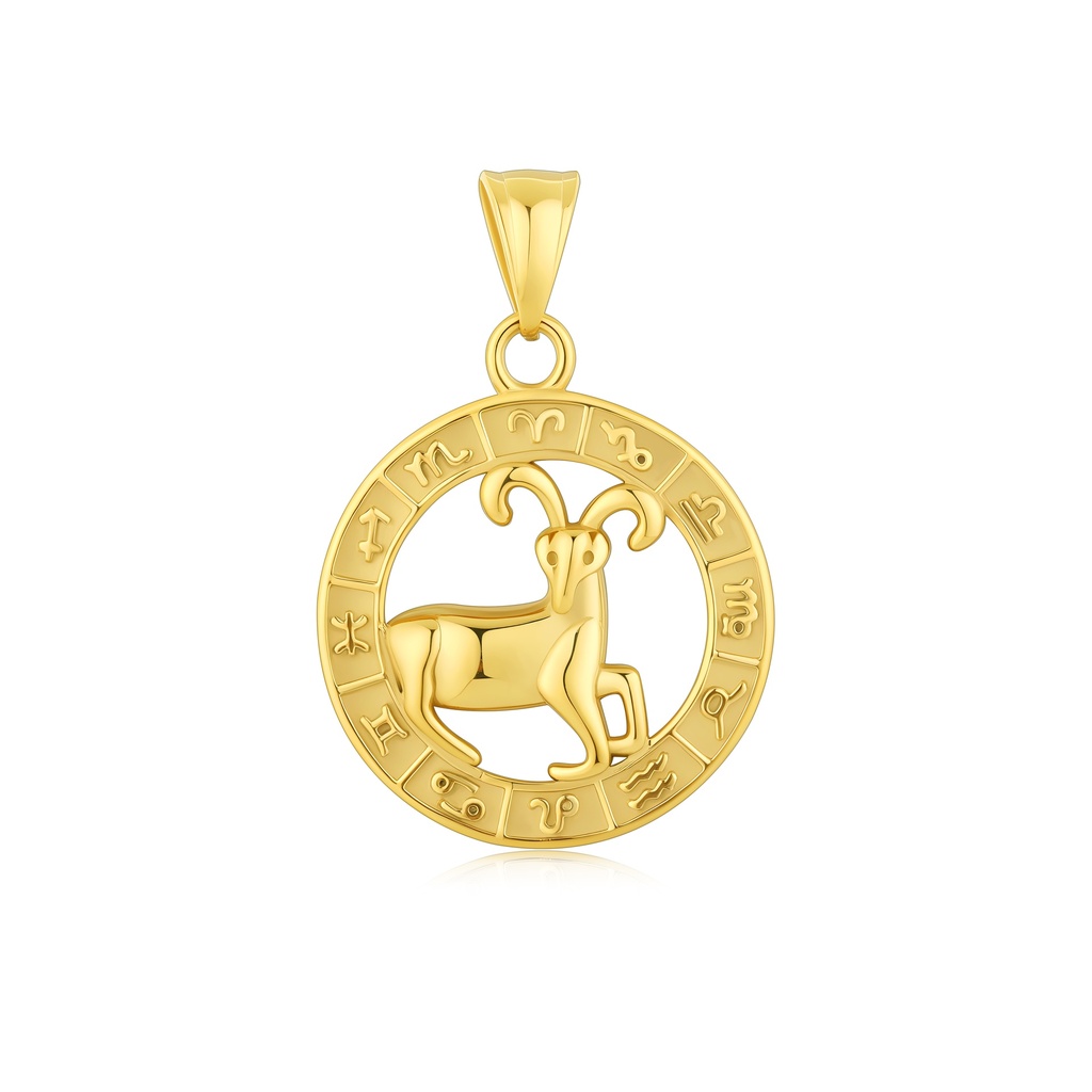 Zodiac Aries Gold Pendant Featuring Complete Astrological Symbol Ring