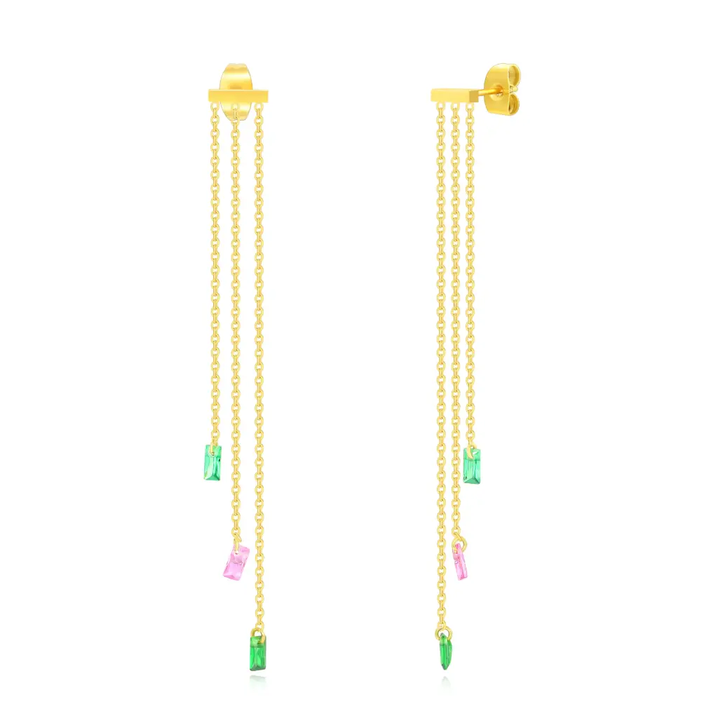 Premium Gold-Tone Stainless Steel Multi-Chain Tassel Earrings with Colorful Baguette CZ Accents（DJ01E0170-1）