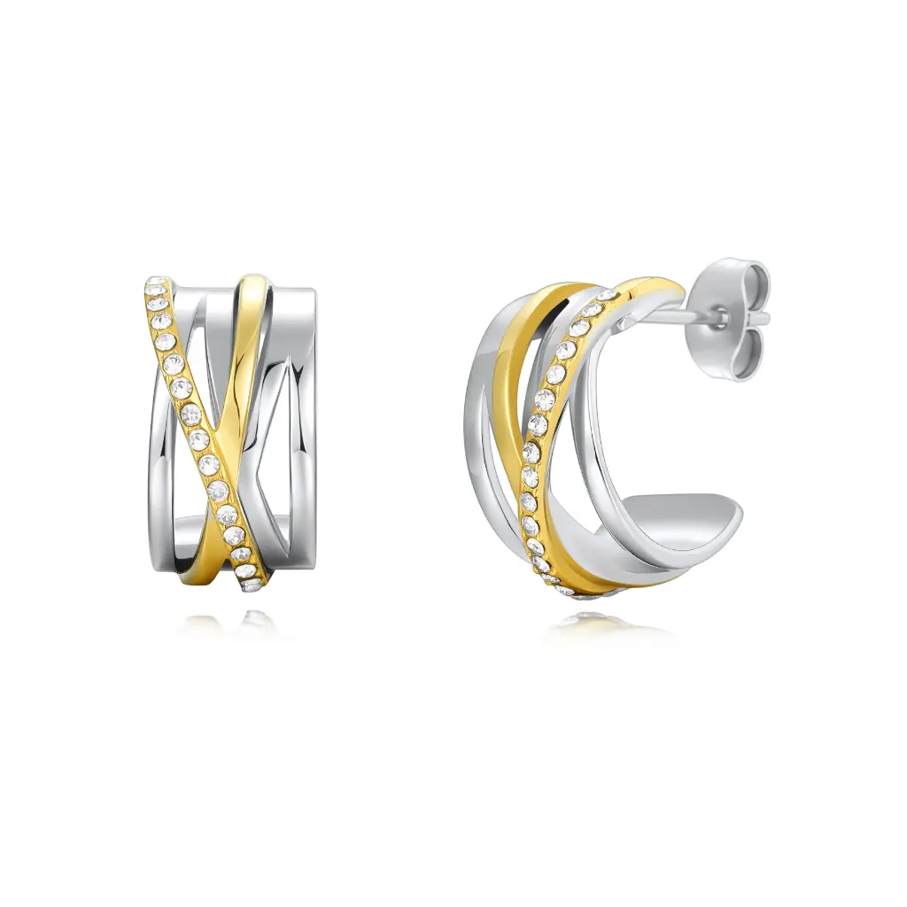 Premium Two-Tone Stainless Steel Crossover Hoop Earrings - Elegant Crystal-Accented Huggie Set（DJ01E0222）