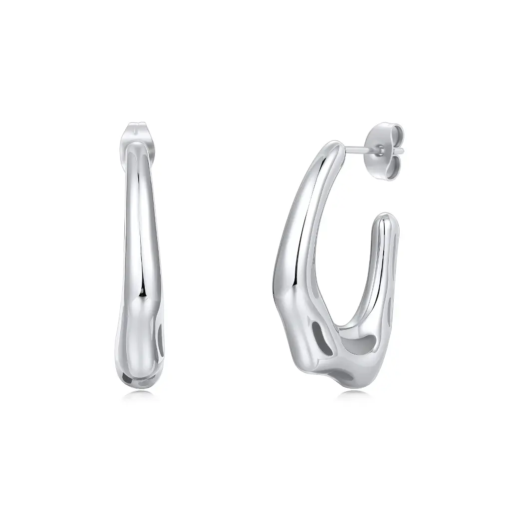 Premium 925 Sterling Silver Organic Abstract Hoop Earrings - Sculptural Molten Metal Design（DJ01E0287）