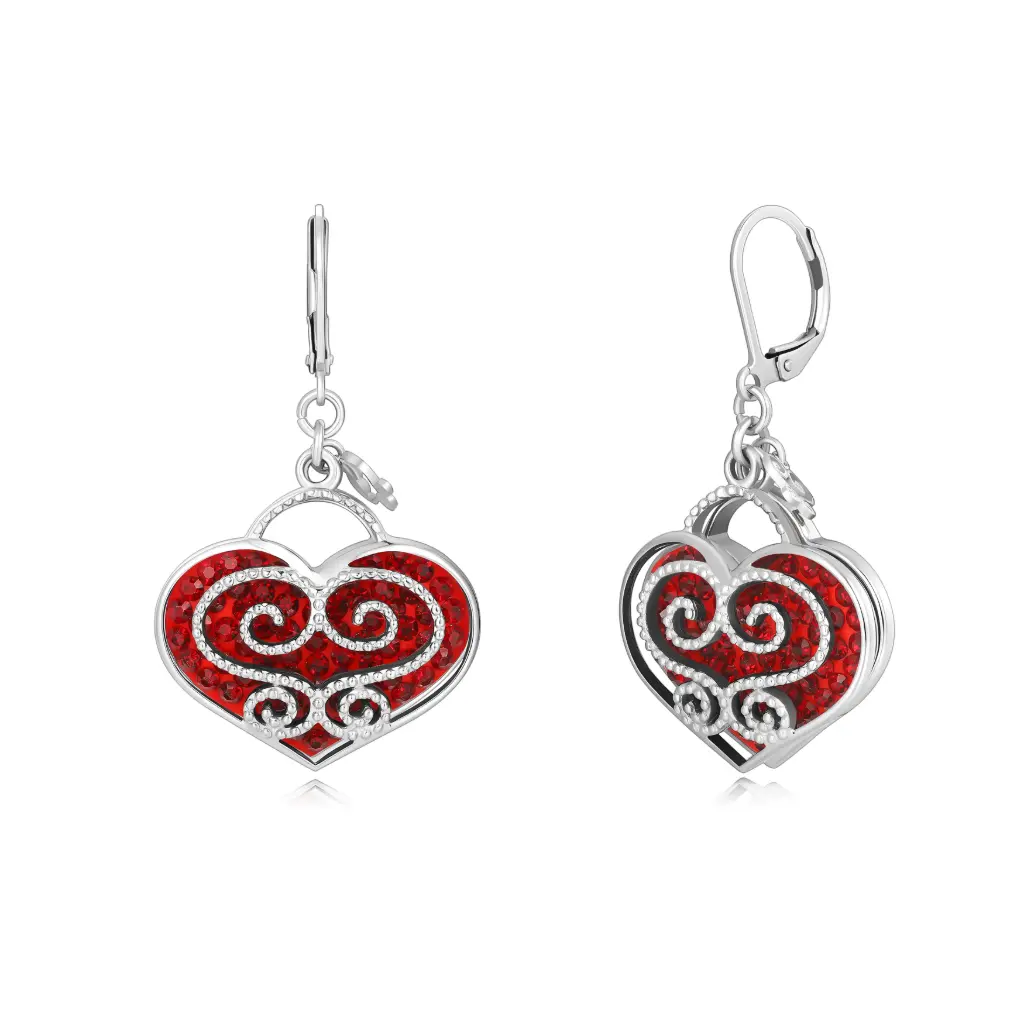 Premium 925 Sterling Silver Red Crystal Heart Filigree Dangle Earrings - Romantic Statement Jewelry（DJ01E0289-1）