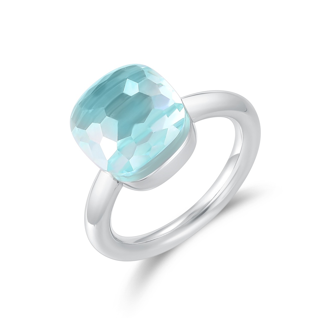 Aqua Cushion Crystal Stainless Steel Ring, Polished Silver-Tone Bezel Setting
