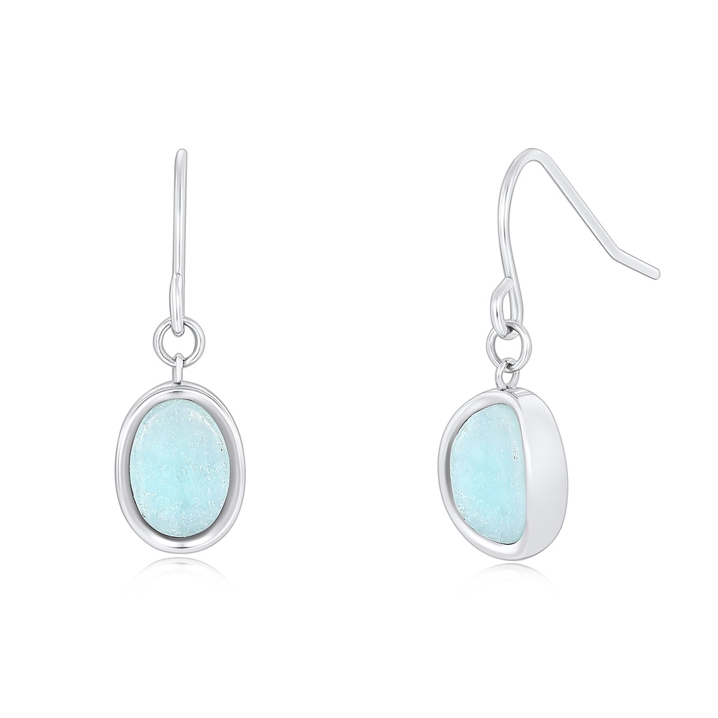 Aqua Opalescent Oval Stainless Steel Drop Earrings, Polished Bezel Hooks