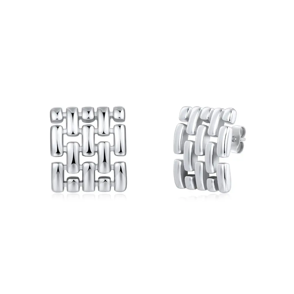 Premium 925 Sterling Silver Geometric Mesh Link Stud Earrings - Interwoven Texture Minimalist Jewelry（DJ01E0351）