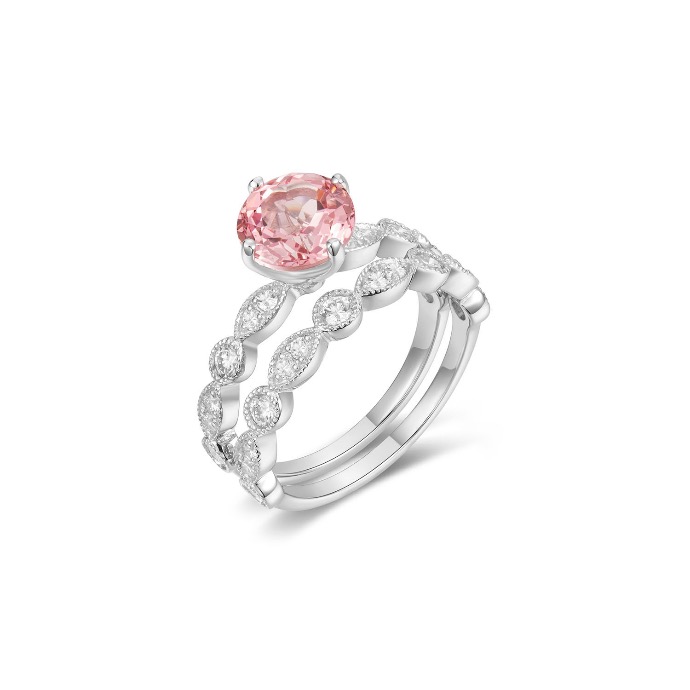 Custom Vintage Pink Gemstone Bridal Ring Set (Engagement Ring & Matching Band)