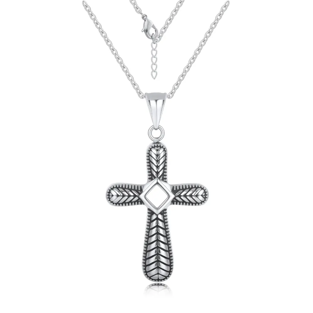 Premium 925 Sterling Silver Engraved Cross Pendant Necklace - Artisan Textured Statement Jewelry（DJ01N0226）