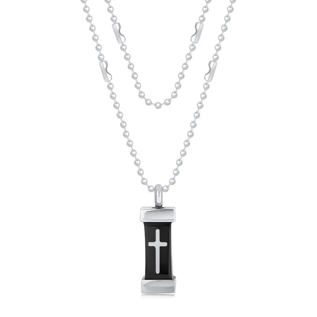 Premium Modern Cross Pendant Necklace - Sleek Black Inlay with Beaded Chain（DJ01N0230）