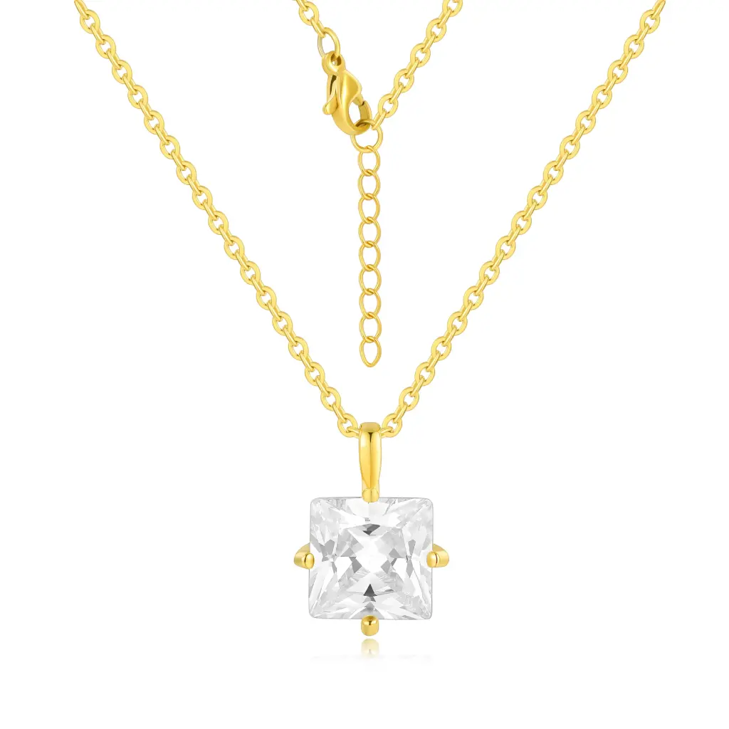 Premium 925 Sterling Silver Gold-Plated Square Crystal Pendant Necklace – Classic Minimalist Jewelry（DJ01N0232）