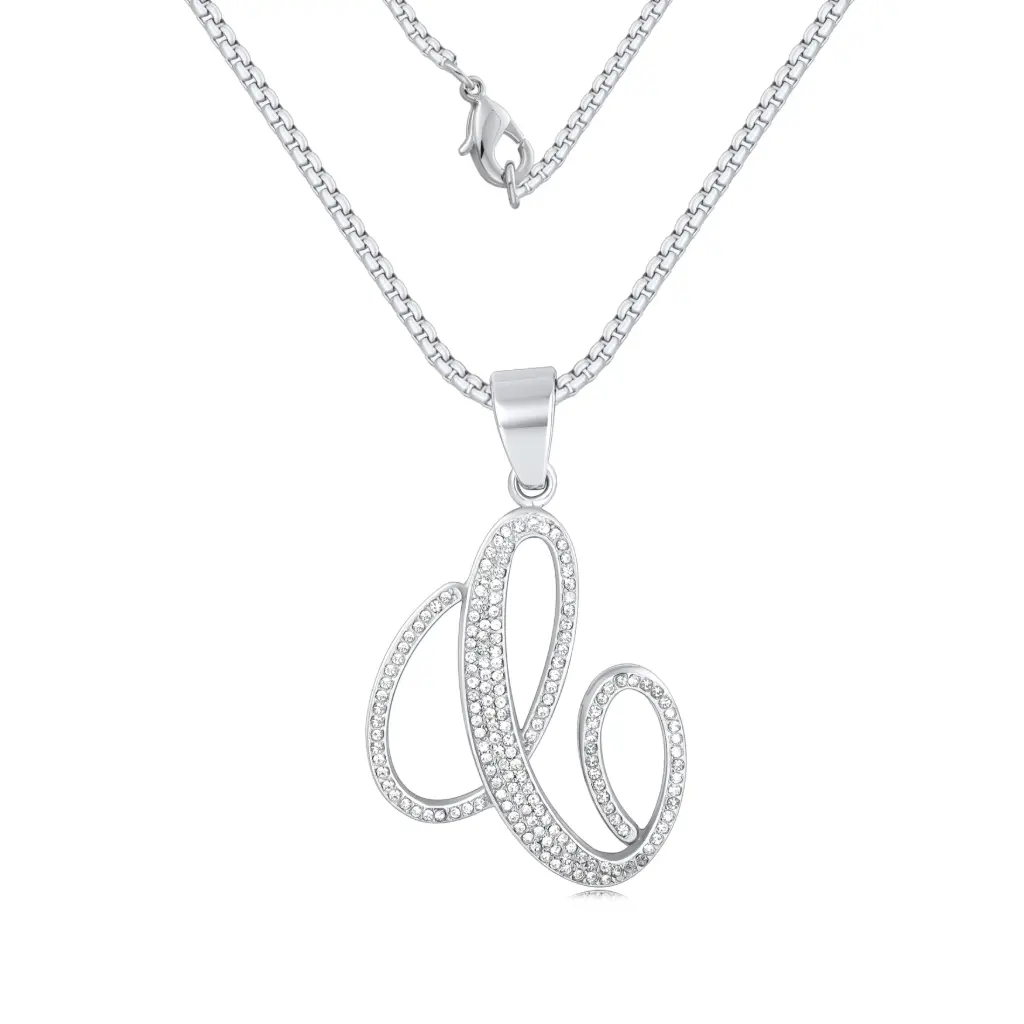 Premium Pavé Initial Letter Pendant Necklace – Personalized Cursive Alphabet Jewelry（DJ01N0239）