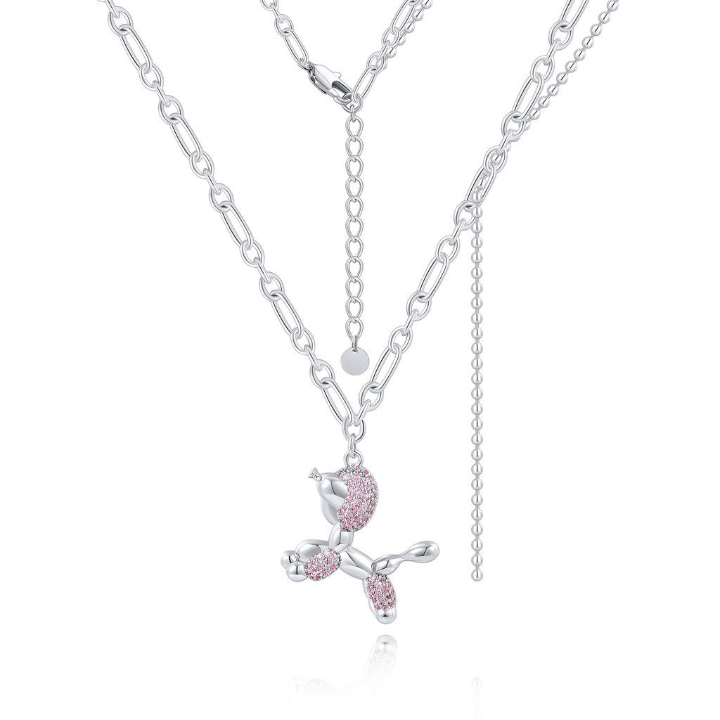 Chunky Chain Balloon Dog Necklace With Pink Pavé Crystal Charm