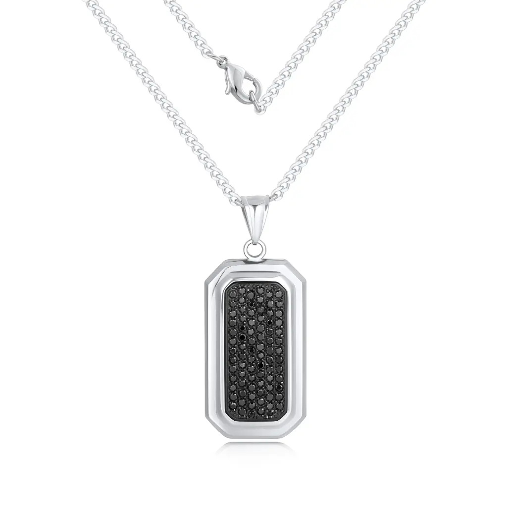 925 Sterling Silver Modern Dog Tag Pendant with Black Pave Stones DJ01N0343