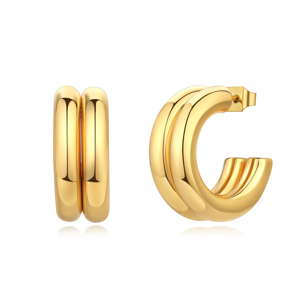 Chunky Gold Hoop Earrings with Double Layer Tube Design