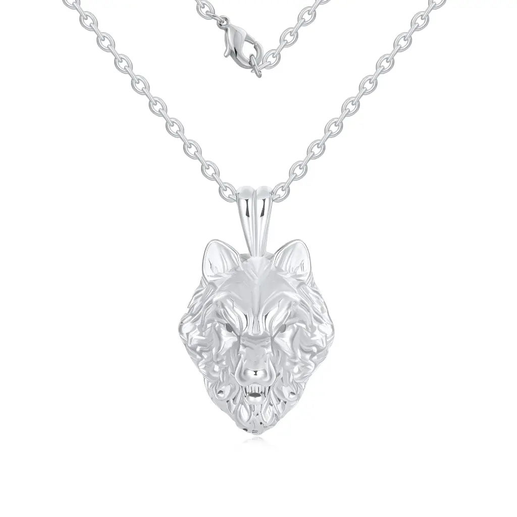 Detailed 925 Sterling Silver Wolf Head Pendant Necklace DJ01N0348
