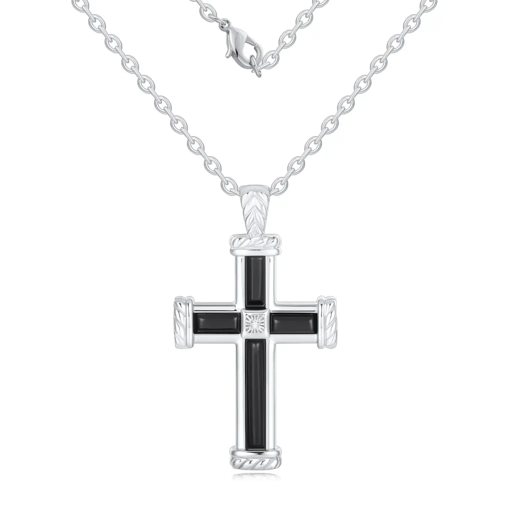 Black Enamel Cross Pendant, Sterling Silver Cross Necklace, Men's Gothic Cross Jewelry. DJ01N0365