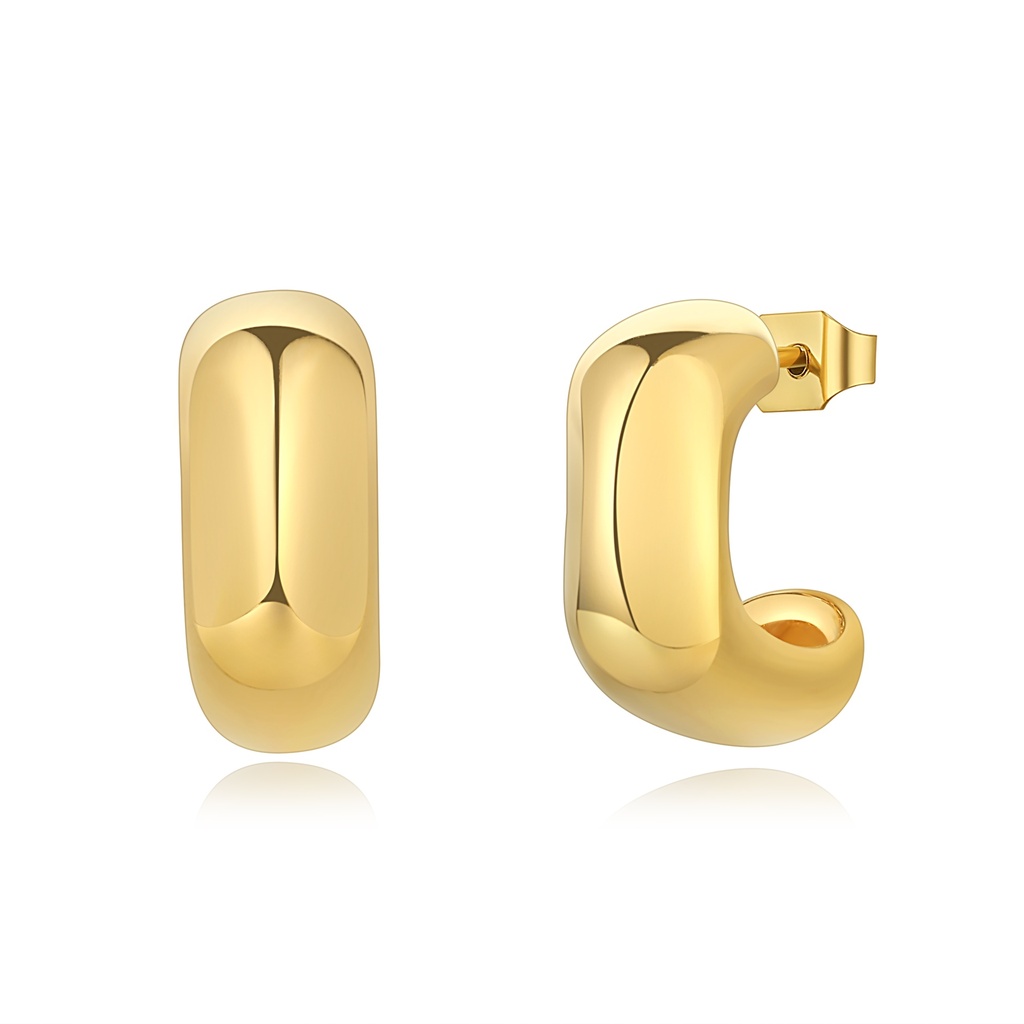 Chunky Gold Huggie Earrings, Polished Stainless Steel, No Stones