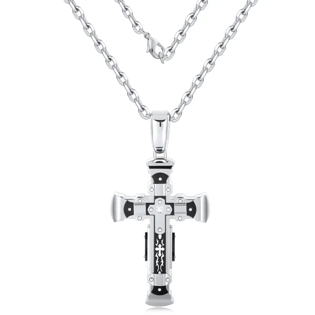Men's Tribal Cross Necklace, Gothic Silver Cross Pendant, Stainless Steel Religious Jewelry. DJ01N0374