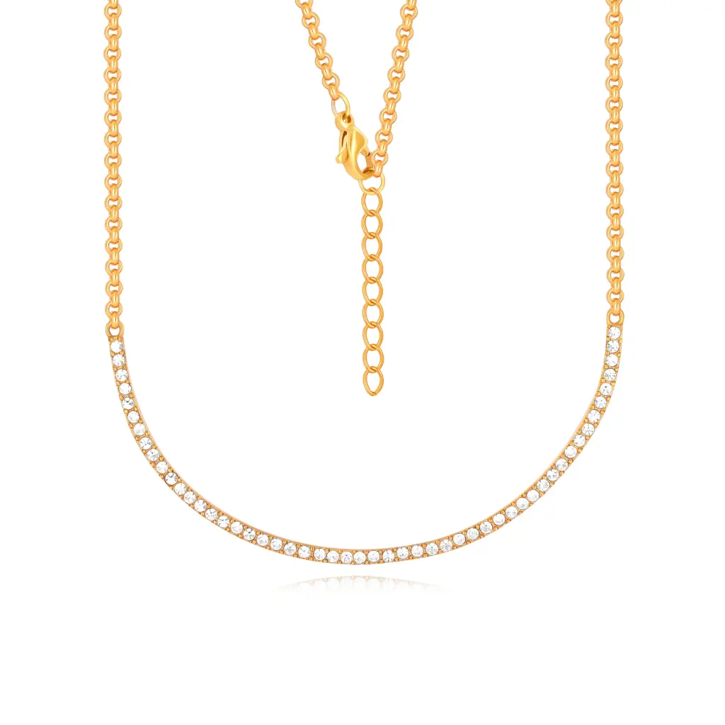 Durable PVD gold plated crystal necklace, Hypoallergenic minimalist jewelry wholesale, Vietnam factory custom gold necklace production, High-quality fashion necklace supplier. DJ01N0375