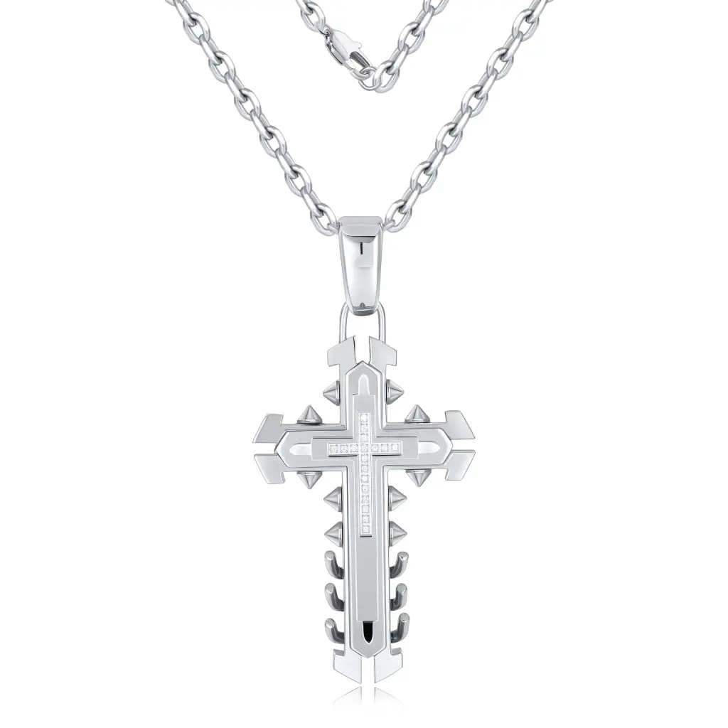 Hypoallergenic stainless steel cross pendant, Durable silver cross necklace wholesale, Vietnam jewelry factory custom pendant production, High-quality edgy religious jewelry for wholesale. DJ01N0376